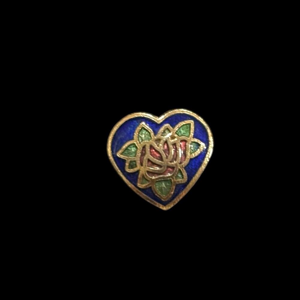 Vintage 1970s Cloisonné Deep Blue Enamel Heart & Rose Gold Tone Mini Pendant